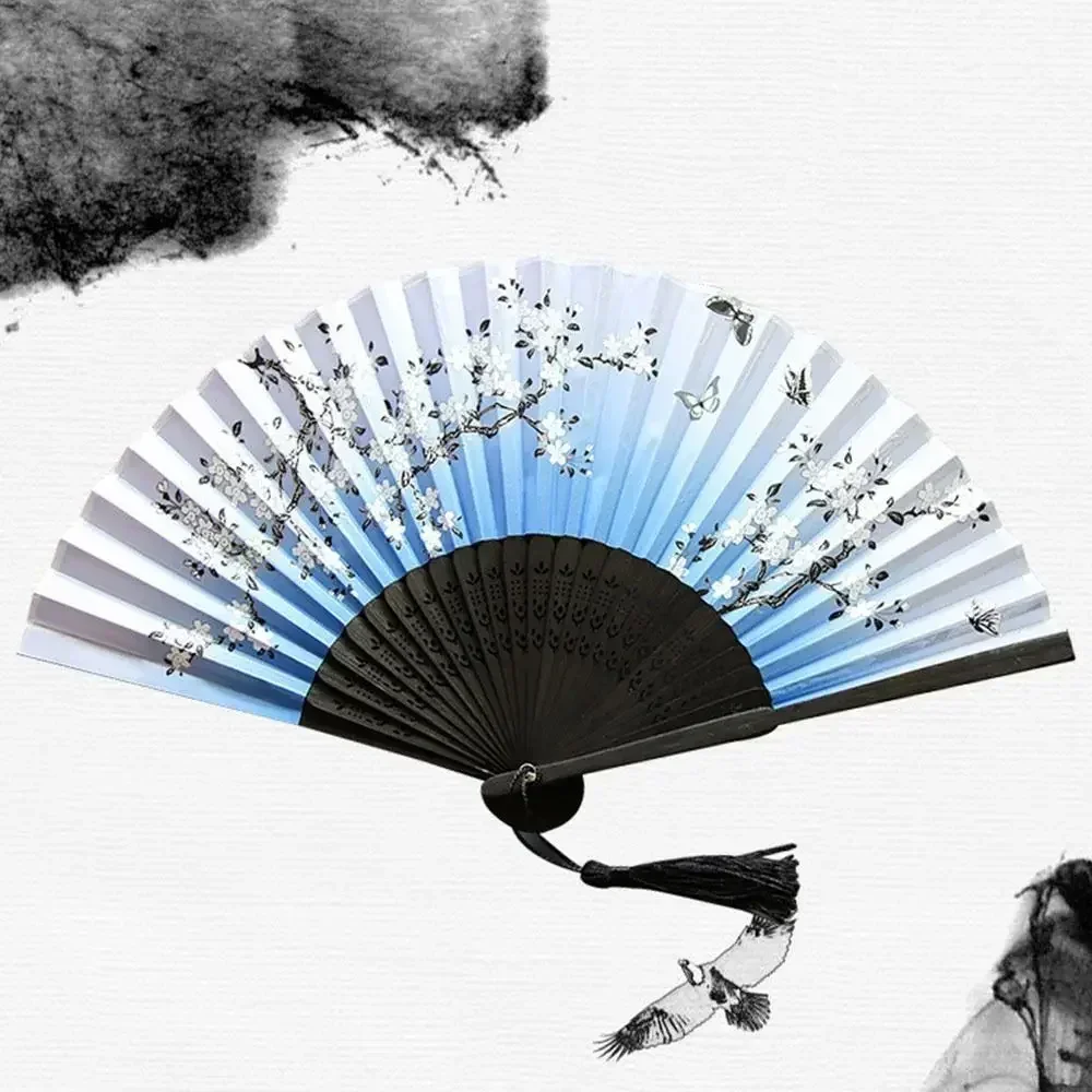 Elegant Silk Vintage Folding Fan with Colorful Tassel - Bamboo Hand Fan for Classical Dance and Home Decor
