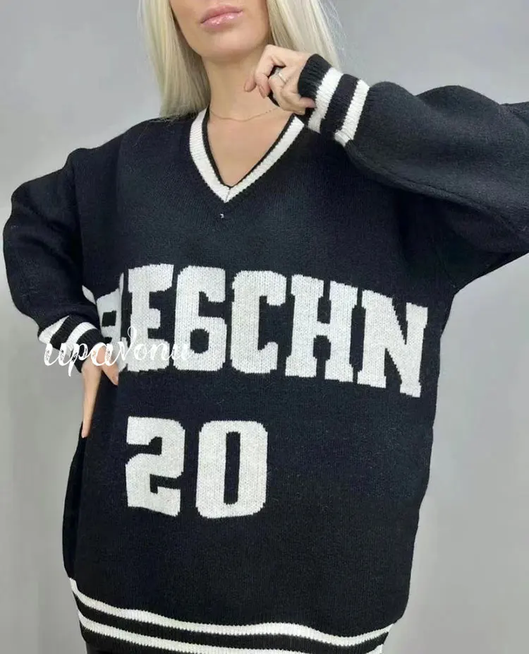 

Free Shipping Loose Letter Knitted Sweater Shirt Autumn Winter 2022 New V-Neck Long Sleeve Pullover Fashion Casual Knit Shirt