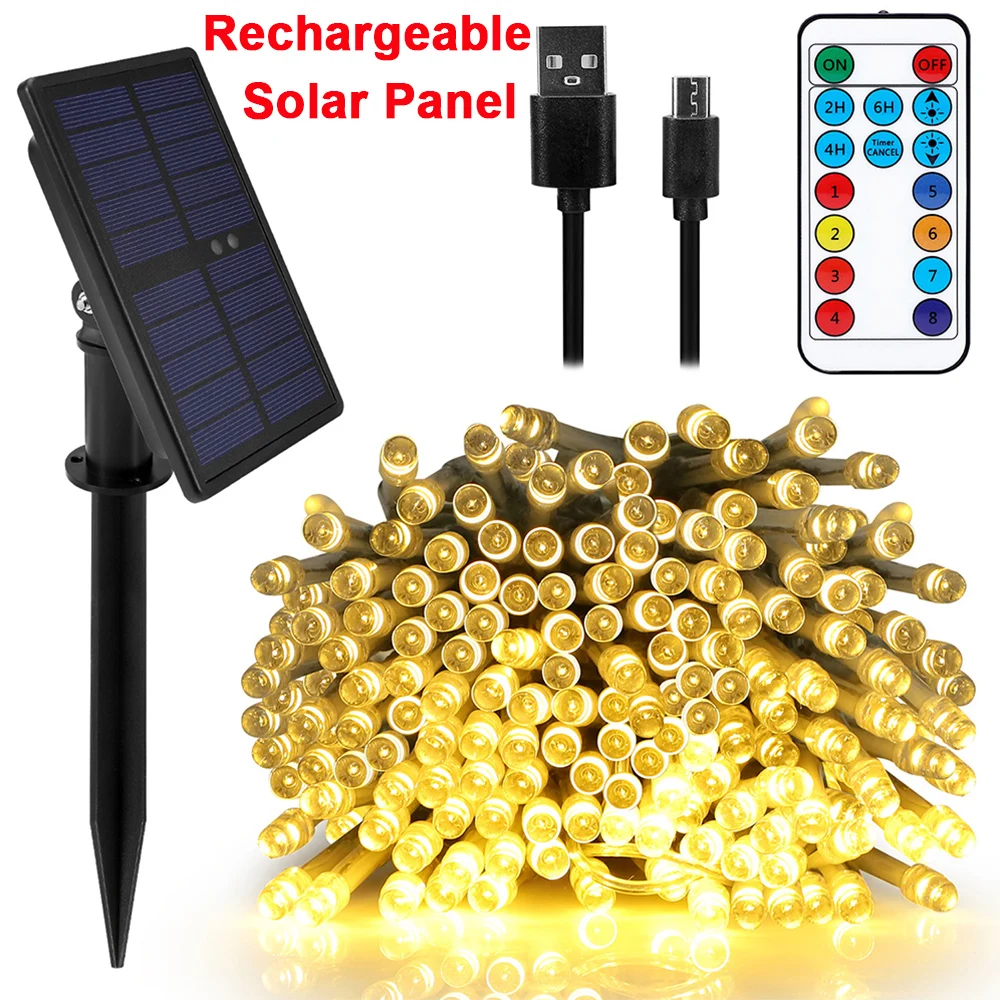 200LEDs Solar String Lights USB Rechargeable 8 Modes Remote Fairy Light With Timer Auto ON/OFF Waterproof Garden Party Decor new wireless bluetooth button self timer tik tok video remote control android ios system for xiaomi huawei mobile self timer