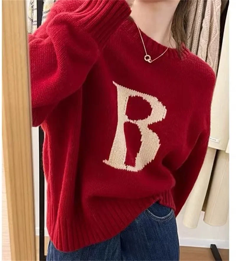 

New Autumn Winter Knitted Pullover Sweater Women Long Sleeve Letter B Jacquard Soft Cashmere Wool Knitwear Jumper Casual Tops