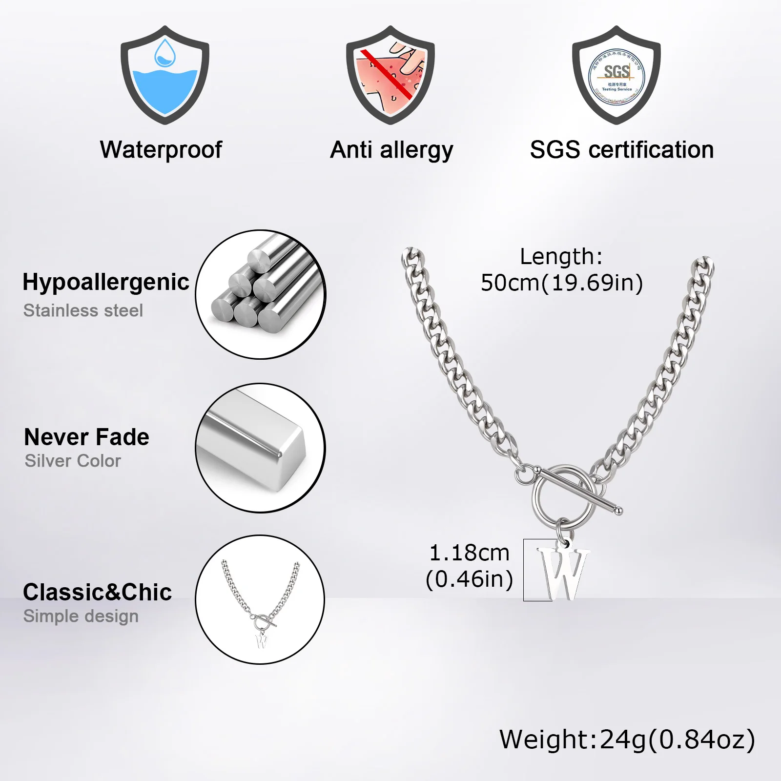 A-Z 26 Letter Cuban Chain Necklace for Men Boys,50CM Stainless Steel Chain Link Collars,Alphabet Jewelry Gift