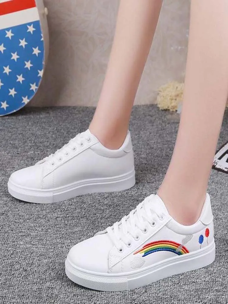 Women's Vulcanized Shoes Rainbow Embroidered White Shoes Women's Sports Shoes Lace-up Ladies Slippers Women's Flat Casual Shoes