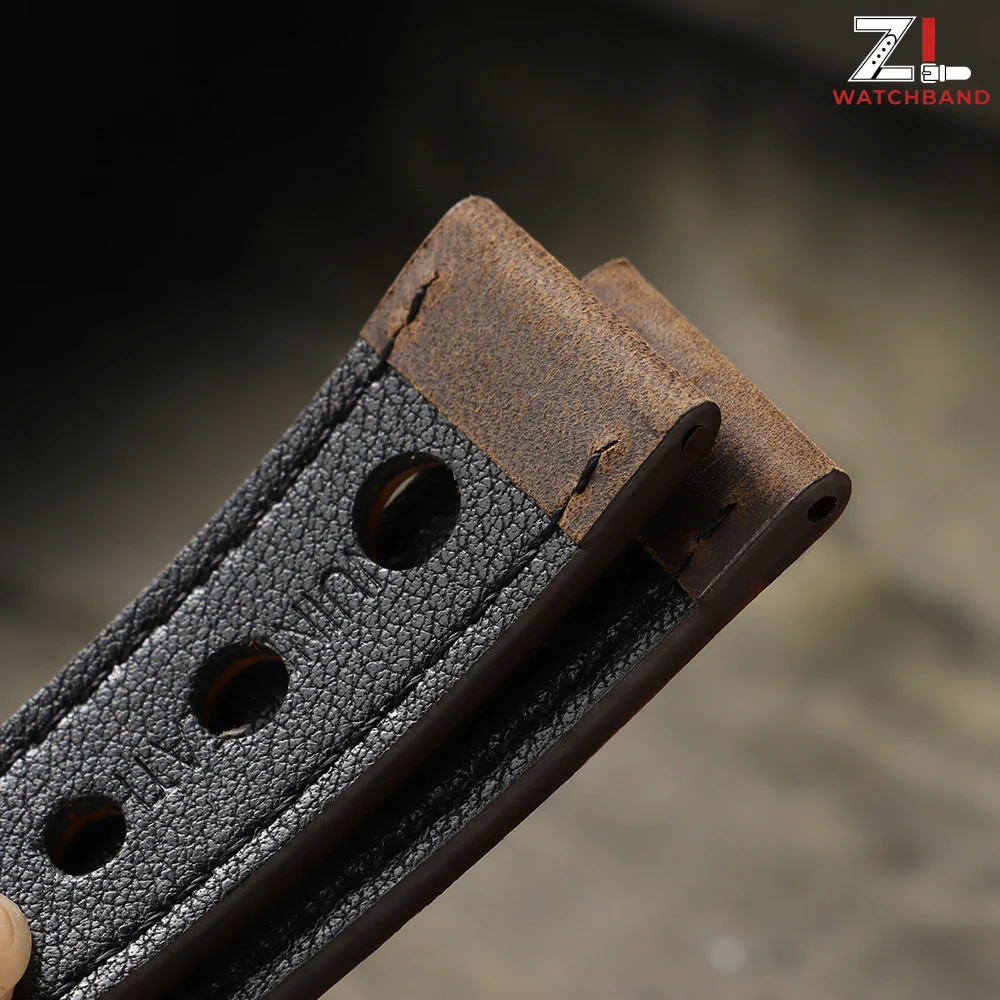 Premium Crazy Horse Leather Watchband - Genuine Cowhide, Breathable Racing Strap