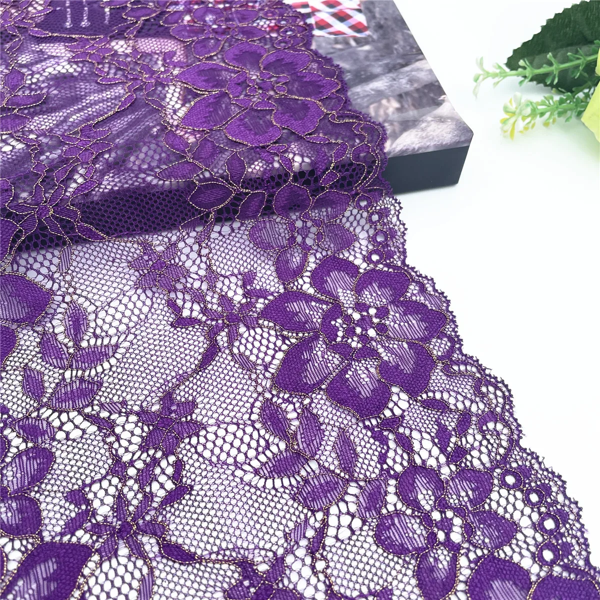3y/lot Width 17.50cm Dark Purple Gold Elastic Stretch Lace For Skirt Hem Underwear Sewing Craft DIY Apparel Fabrics Material 2