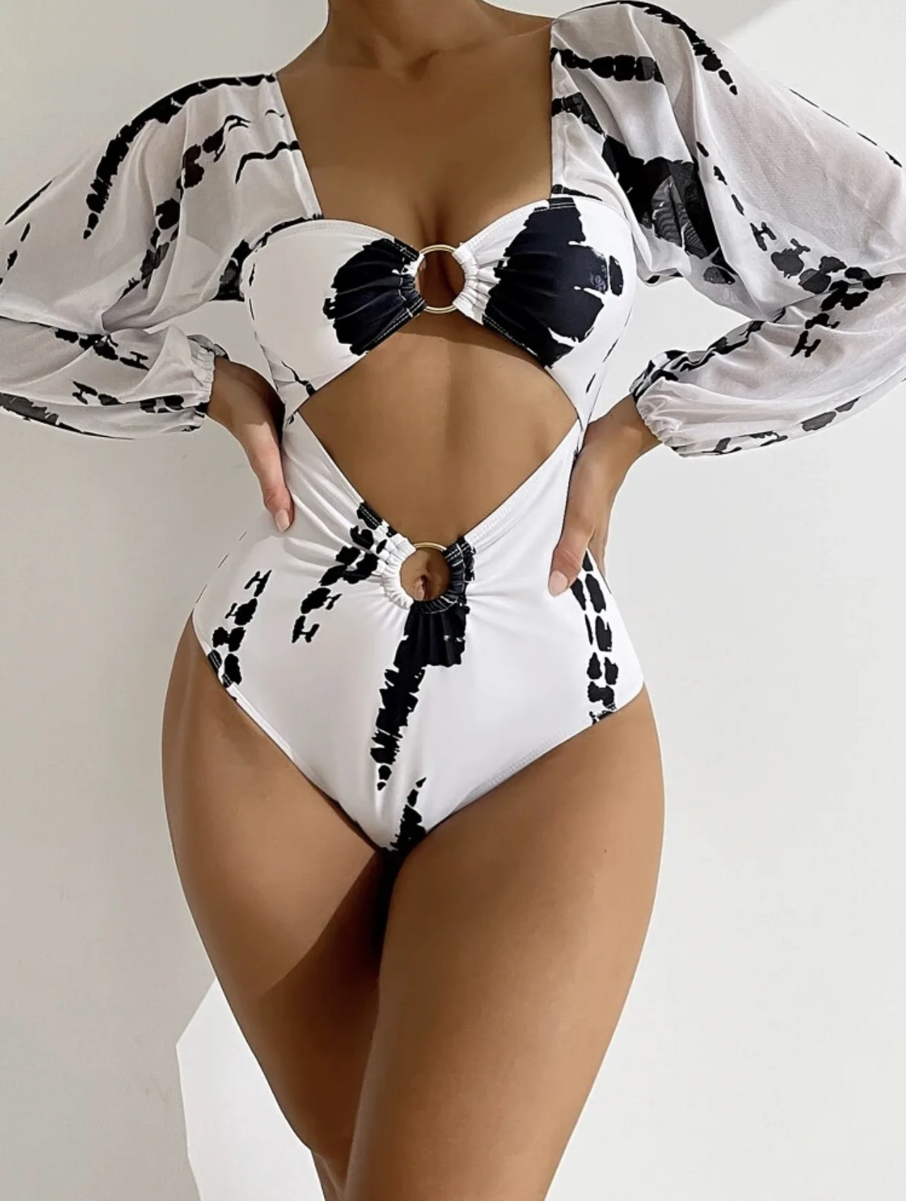 SeeSeaC Sexy Tie Dye Swimwear Women Long Sleeve Bathing Hollow Out One Piece Beach Bathers Fashion Bodysuit Summer Streetwear bikini cover up skirt wrap