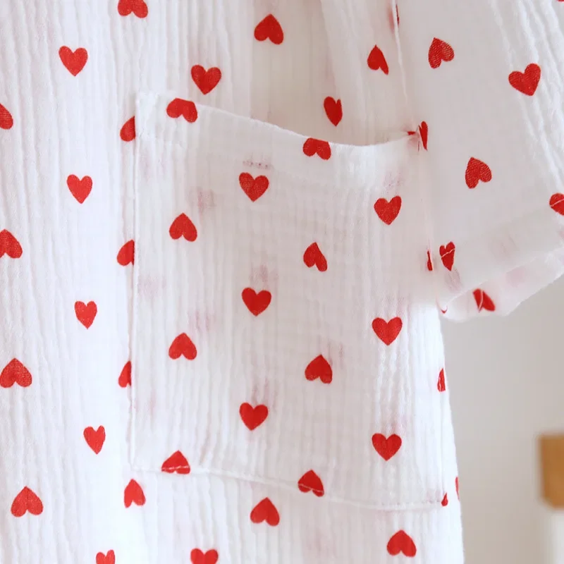 Cute Sweet Love Heart Printed Spring and Summer Pajama Girl Sleepwear Robes Cotton Pajama Night Dress Night Wears for Women