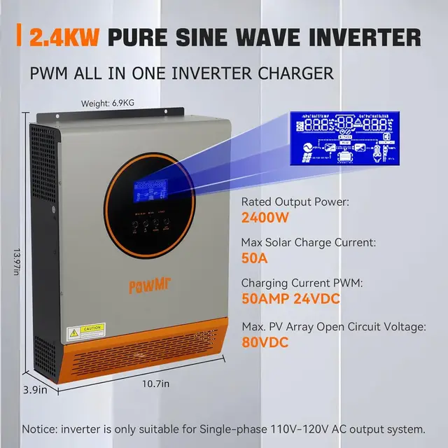 PowMr 2400W Hybrid Solar Inverter 24V to 110V 120V Pure Sine Wave With PWM 80A Solar Charge Controller and PV Panel 30-80VDC 2