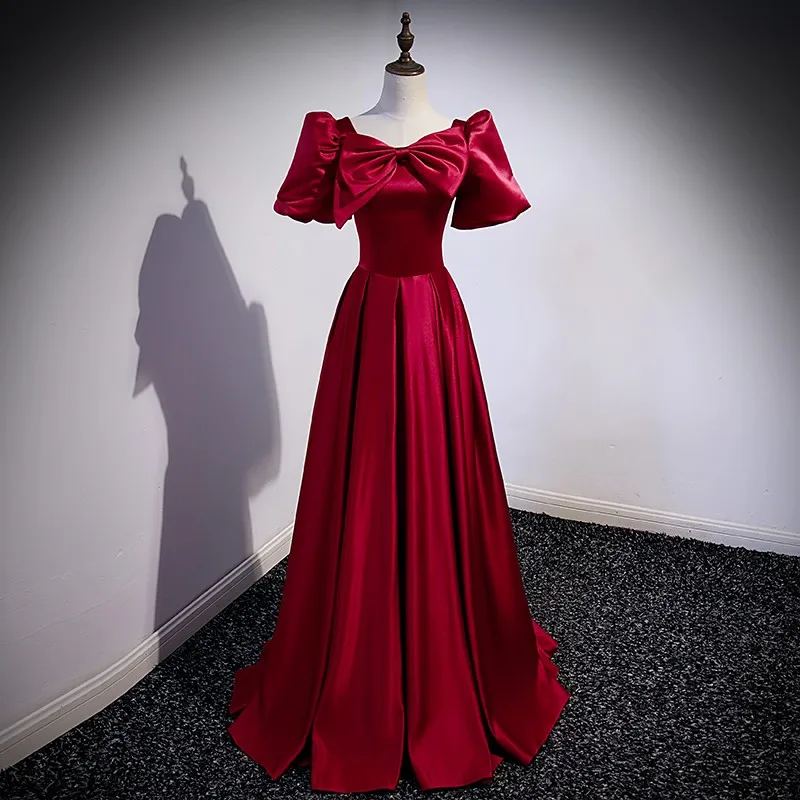 

Robe De Soiree New Evening Dresses Long Classic Big Bow Tie Party Dress Classic Satin Prom Dress Sweet Puff Sleeve Formal Gown