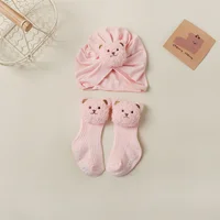 1set Flower Baby Turban Hat & Socks for Newborn Girls Bear Beanie Caps Non-slip Floor Stockings Toddler Hair Accessories 0-2Y 4