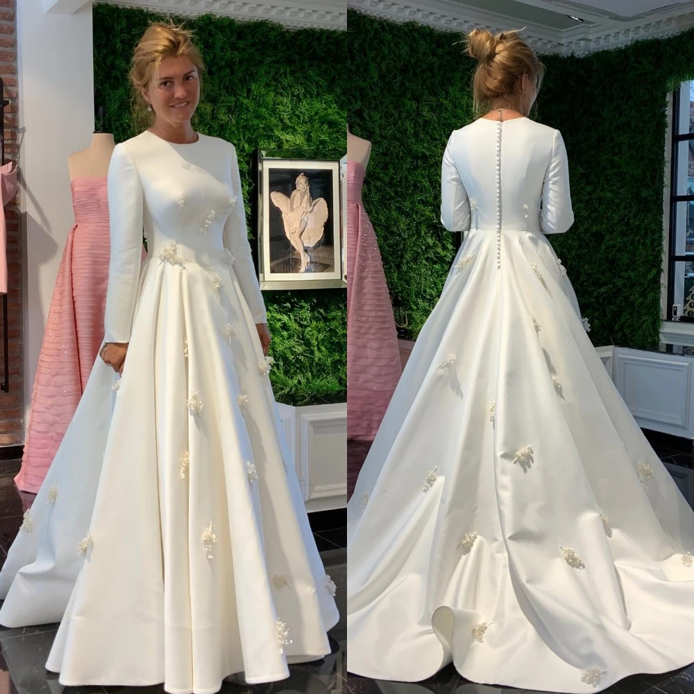 Satin Flower Draped Engagement A-line O-Neck Bespoke Occasion Gown Long Dresses