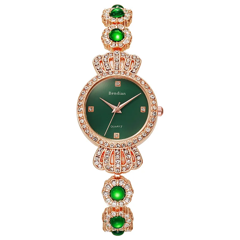 Mode Luxe Smaragd Groene Armband Rose Goud Vrouwen Kroon Armband Diamant Quartz Horloge Wijzerplaat Horloge Meisjes Cadeau Voor Vrouwen