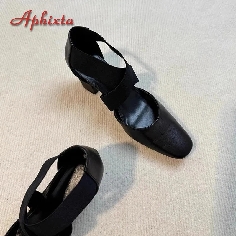 Aphixta Round Tou Ballet Shoes 7CM Square High Heels Woman Shoes Pumps Cross Elastic Band Shallow Woman zapatos de mujer