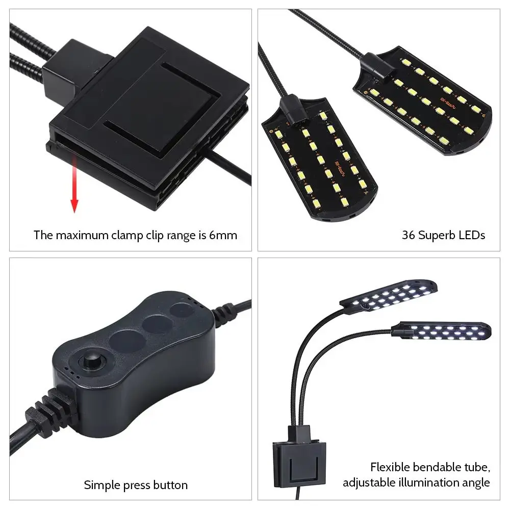 Double Head Clip on Aquarium Light White Light Waterproof Fish Tank Clip Lamp Practical Flexible Bendable LED Aquarium Light