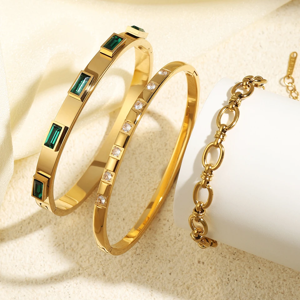 Luxury Gold Plated Stainless Steel Cuff Bracelet For Women Men Green Cubic Zircon Couple Bangle Waterproof Fashion Jewelry Gift 3
