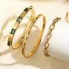 Luxury Gold Plated Stainless Steel Cuff Bracelet For Women Men Green Cubic Zircon Couple Bangle Waterproof Fashion Jewelry Gift 3