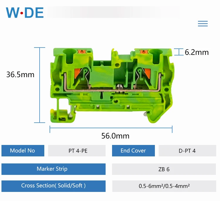 Spring Feed através da conexão Empurre em PT4-PE Wire Conductor