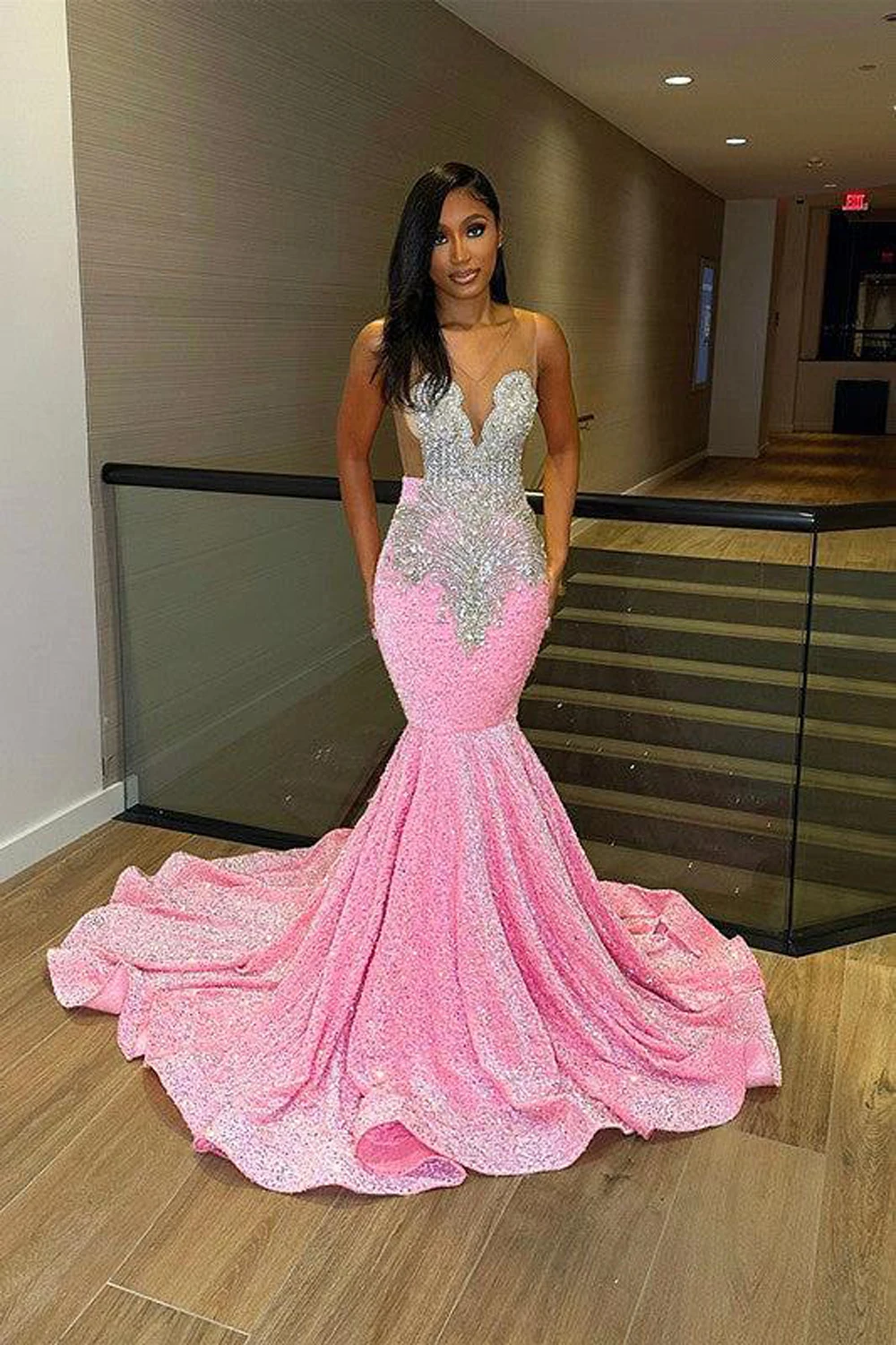 Luxury Crystal Beading Prom Dresses Women Pink Sparkly Sequined