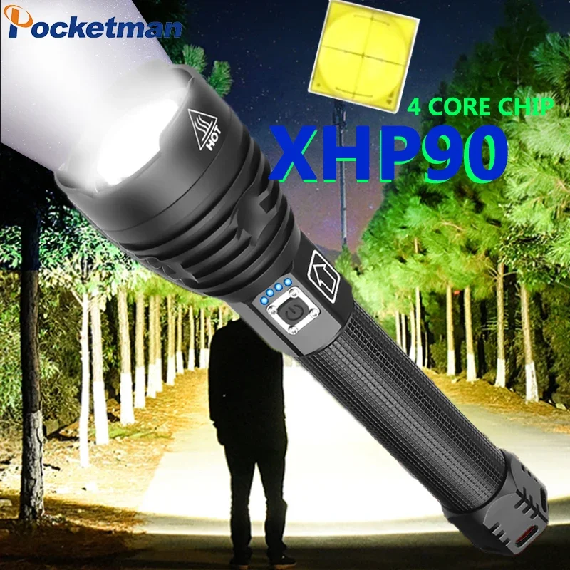 Linterna LED XHP70.2 XHP90 de gran potencia, lámpara táctica con Zoom, batería recargable, USB XHP50, 18650, 26650