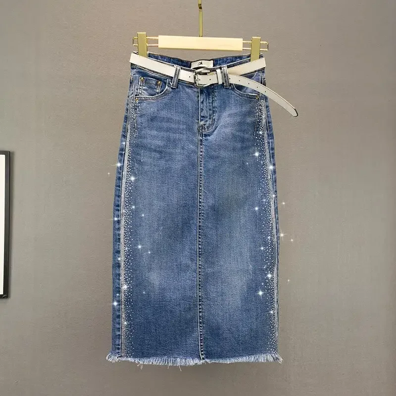 Falda vaquera de estilo europeo de cintura alta y adelgazante de longitud media para mujer, diseño con abertura lateral primavera verano 2024