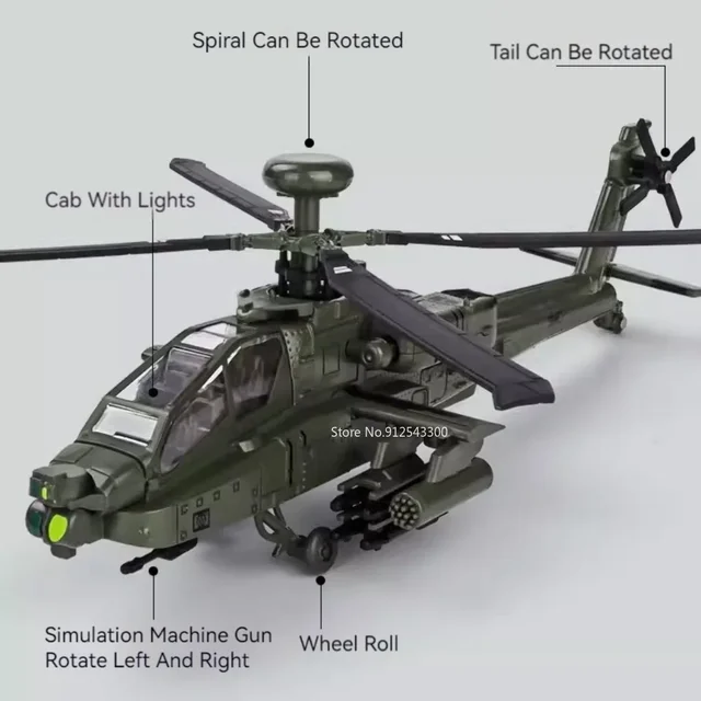 1:32 AH-64A Airplane Model Toy Car Alloy Body Rotatable Propeller Slide Sound Light Fighter Vehicle Models for Kid Birthday Gift 2