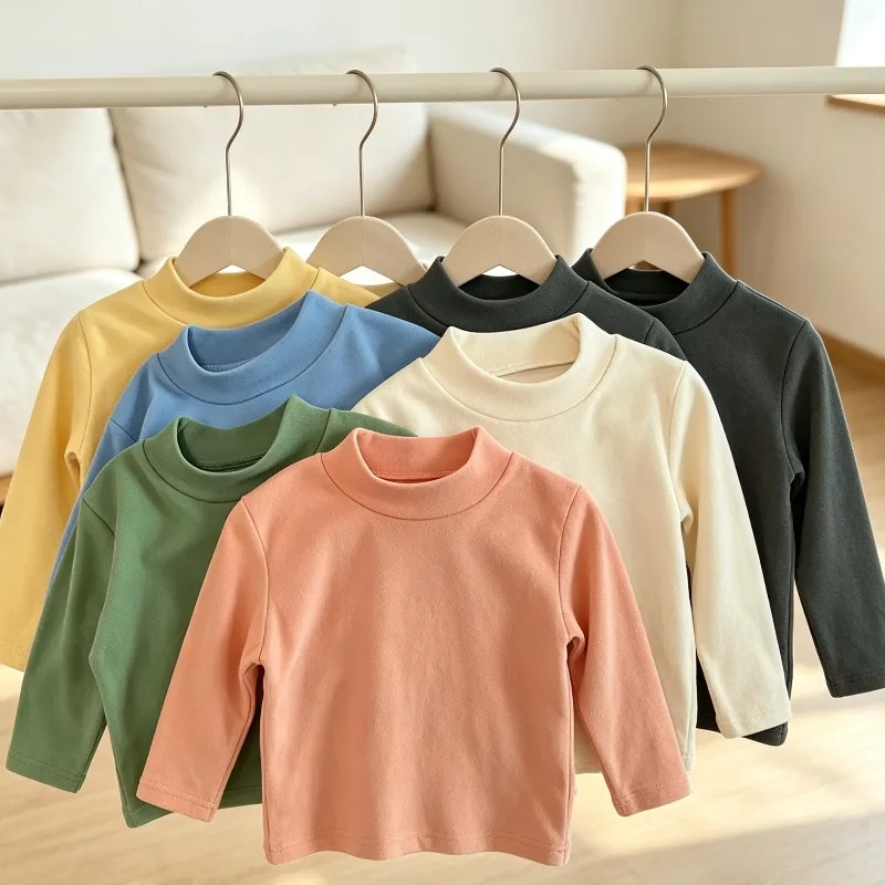 Winter Baby Warme Top Jungen Mädchen Samt Innen Einfarbig Unten kinder Halb Hohe Kragen Langarm T-shirt Kinder Kleidung