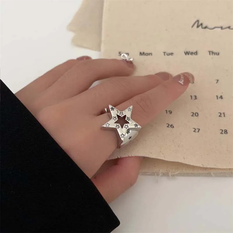 Vintage Punk Hollow Irregular Star Couple Rings for Women Men Fashion Shiny Crystal Pentagram Adjustable Ring Lover Jewelry 4