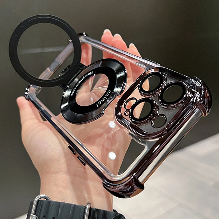 Luxury Plating Shockproof Magnetic Stand Clear Phone Case with Holder