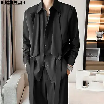 INCERUN 남성용 불규칙 셔츠, 패치워크 라펠, 긴팔 단추 스트리트웨어, 2023 루즈한 개성 패션, 5XL