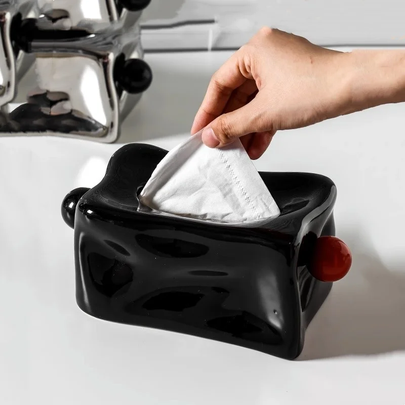 Ceramic Tissue Box Silver Pleats Geometric Spheres Black Balls Paper Towel Holder Napkin Holder Tabletop Storage Container 4