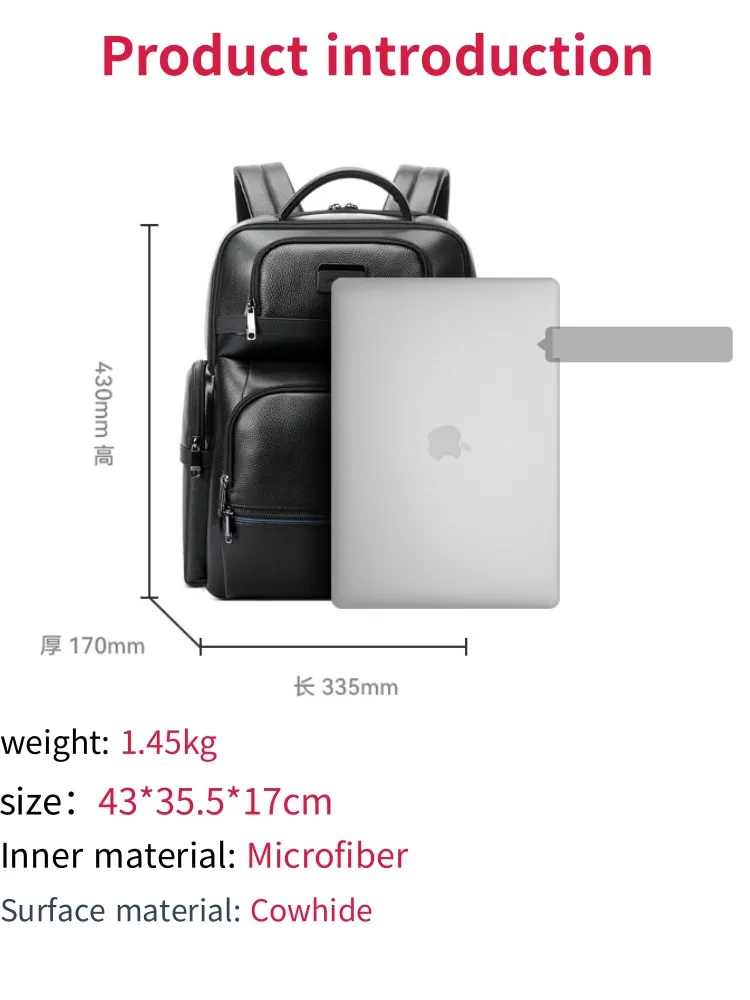 BOPAI The first layer of cowhide backpack; Business backpack; USB backpack; Travel backpack; Large capacity backpack; Multi-func 2