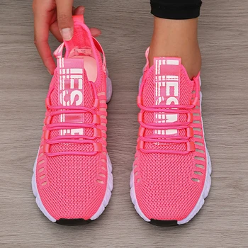 Women's Sneakers Knitted Mesh Breathable Fashionable Lightweight Soft Lace Up Shoes Flexible Trendy Exercise Walking Flat Shoes 1