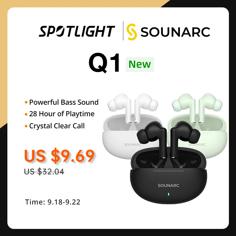  NEW SOUNARC Q1 Wireless Bluetooth Earphone, Quad mics Clear Call Earbuds, Shaking Bass airpods, IPX4 Waterproof, Touch Control 