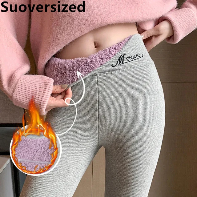 Plus Size Women Winter Fleece Leggings High Waist Black Slim