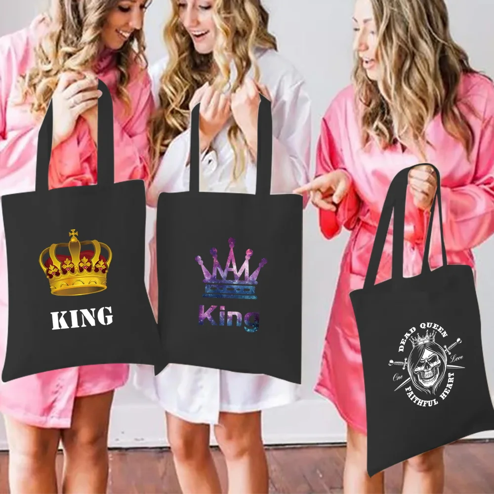 

Shopping Bags Cute Pattern Tote Bag Eco Shopper Shoulder Bag Fashion Crown Print Black Handbag Canvas Sundries Bag Men and Women