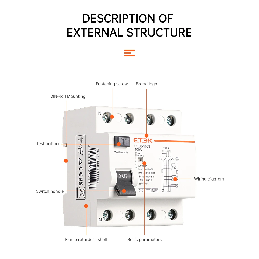 ETEK RCD DC Fehlerstromschutzschalter FI-SCHUTZSCHALTER 10KA 1P + N 2P 4P  2Pole 4pole 40A 63A 30mA Typ B 6mA EV EVSE 220V EKL6-100B - AliExpress