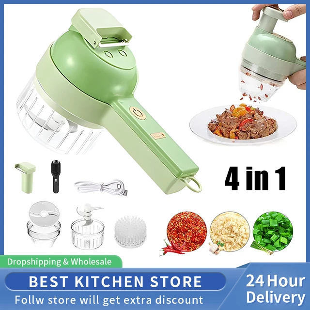 4 in 1 Portable Electric Vegetable Cutter Set, Multifunctional Wireless Food Processor, Kitchen Gadgets Electric Garlic Chopper with Brush, for