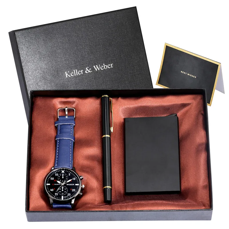 

Special Anniversary Festival Gift Set to Men Alloy Cigarette Case Luminous Hands Quartz Wrist Watch with Sing Pen Present Box