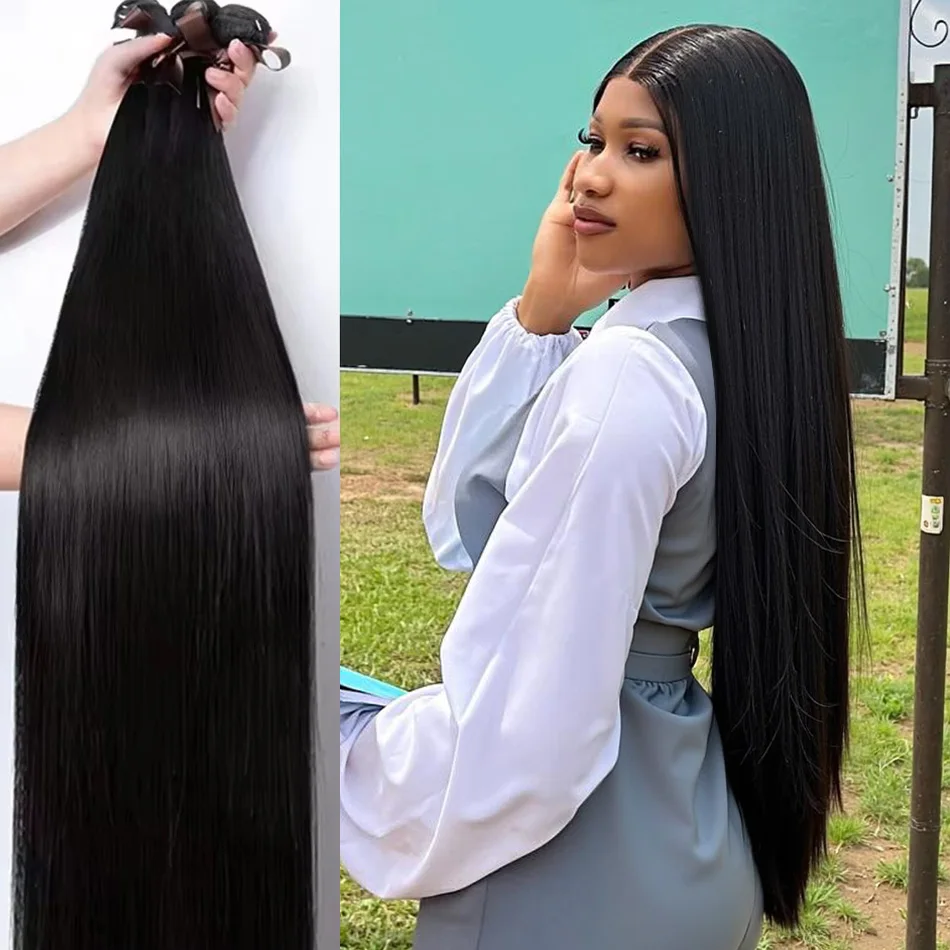 Human Hair Extensions 3 4 Bundles 28 30 32 40 Inch Natural Black For Women 10A 12A
