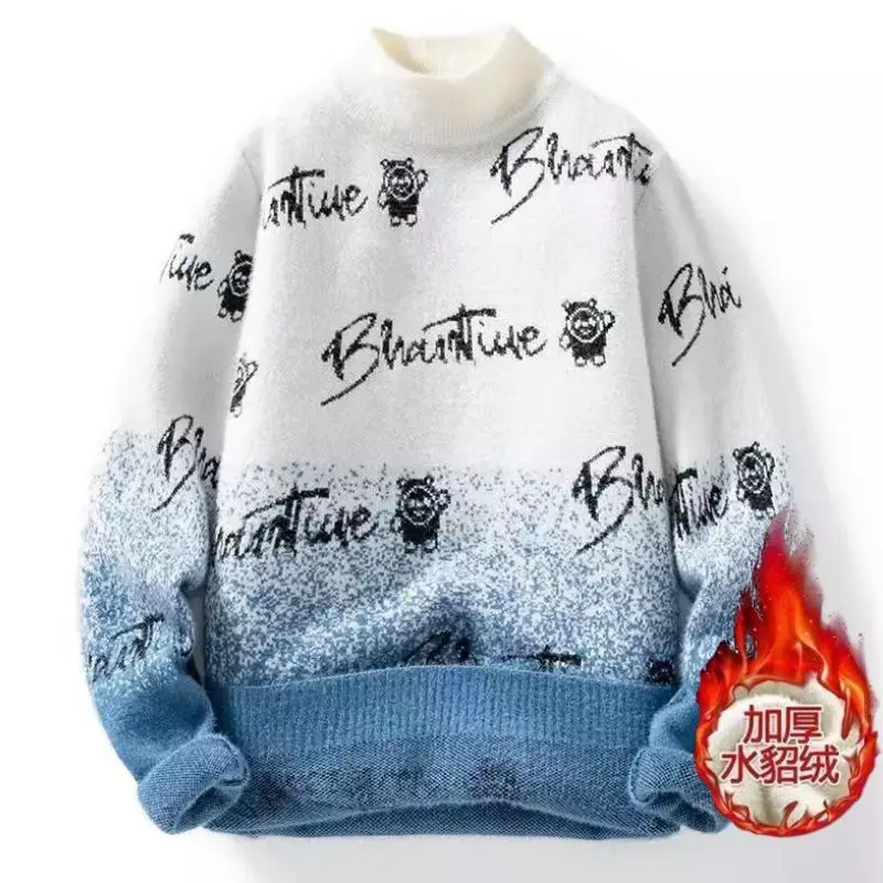 2023 Autumn and Winter Men's New Fashion Plush Printed Long Sleeve Warm Mink Half High Neck Casual Versatile Knitted Top