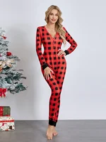 Women Buttoned Flap Jumpsuits Sleepwear Cow Printed Long Sleeve V Neck Bodycon Romper Spring Fall Loungewear - Image 3