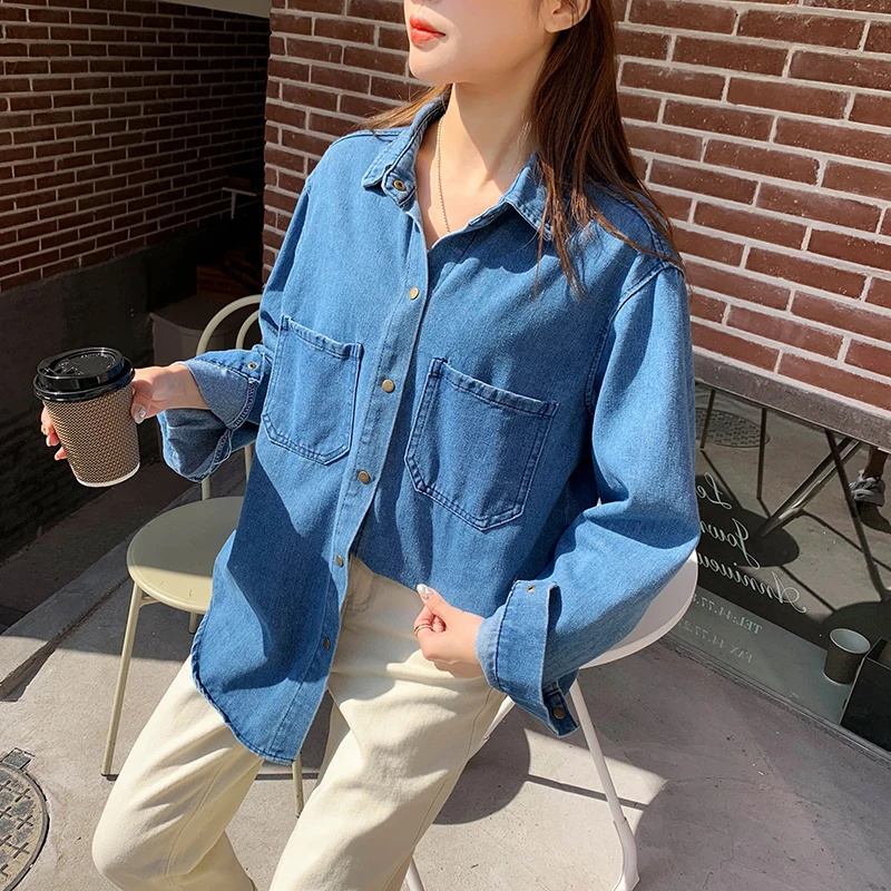 2023 Autumn  New Korean Long Sleeve Loose  Casual Women Denim Shirt Z016