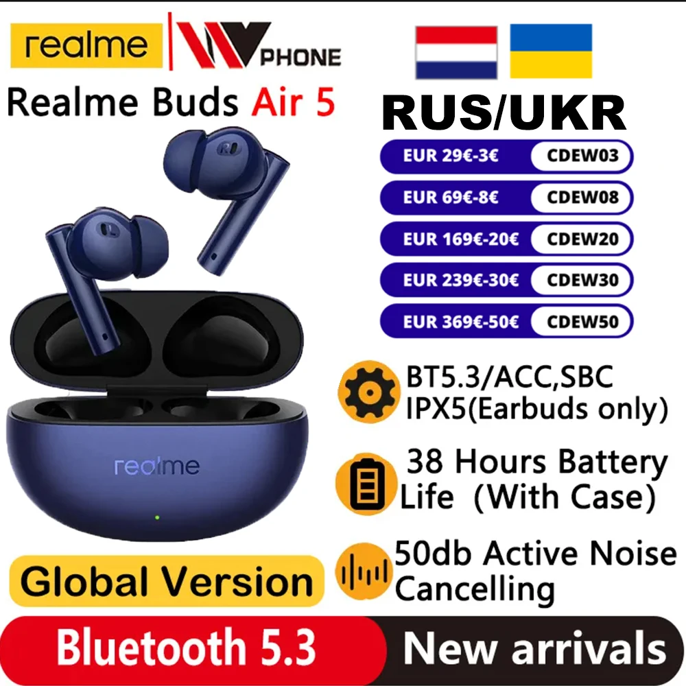 Global Version realme Buds Air 5 TWS Earphone 50dB Active Noise Cancellation 38Hour Battery Life IPX5 Bluetooth 5.3