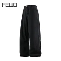 FEWQ Fashion Men's Denim Pants 2024 Autumn Winter New Dark Style Solid Color Straight-leg Elastic Waist Stylish Trousers 24E5233 1