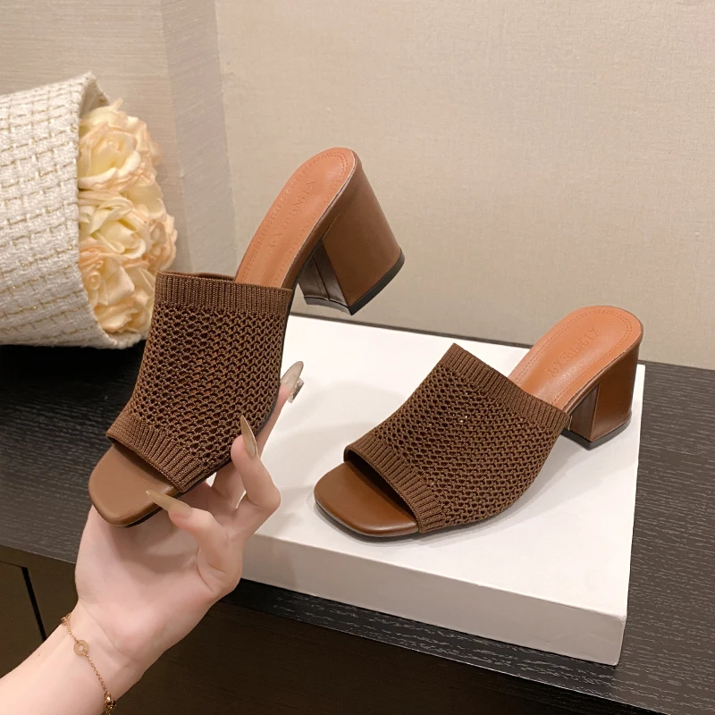 Women's Sandals Summer Women Slippers Thick Heel Sexy Square Toe Dress Party Shoes High Heels Knitting Casual Pumps Large size42