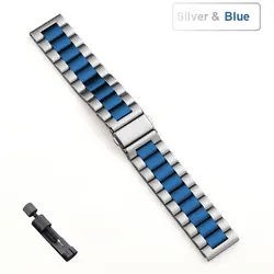 Stainless Steel Adjustable Watch Band Bracelet, available in 18mm, 20mm, 22mm sizes - 20mm Strap (Silver with Blue)