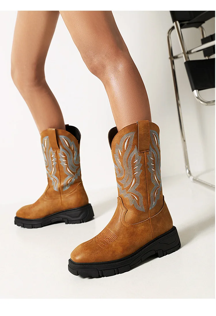 

FEMALEAN Women Cowboy Boots Western Round Toe Brown Black Calf Vintage Platform Spring 39 Ladies Shoes On Offer Free Shipping