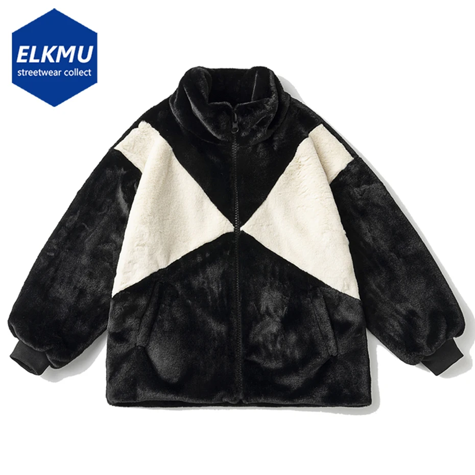 

Men Fluffy Fleece Jacket Color Block Patchwork Vintage Zipper Coat 2023 Autumn Winter Fuzzy Jackets Parkas Coat Black