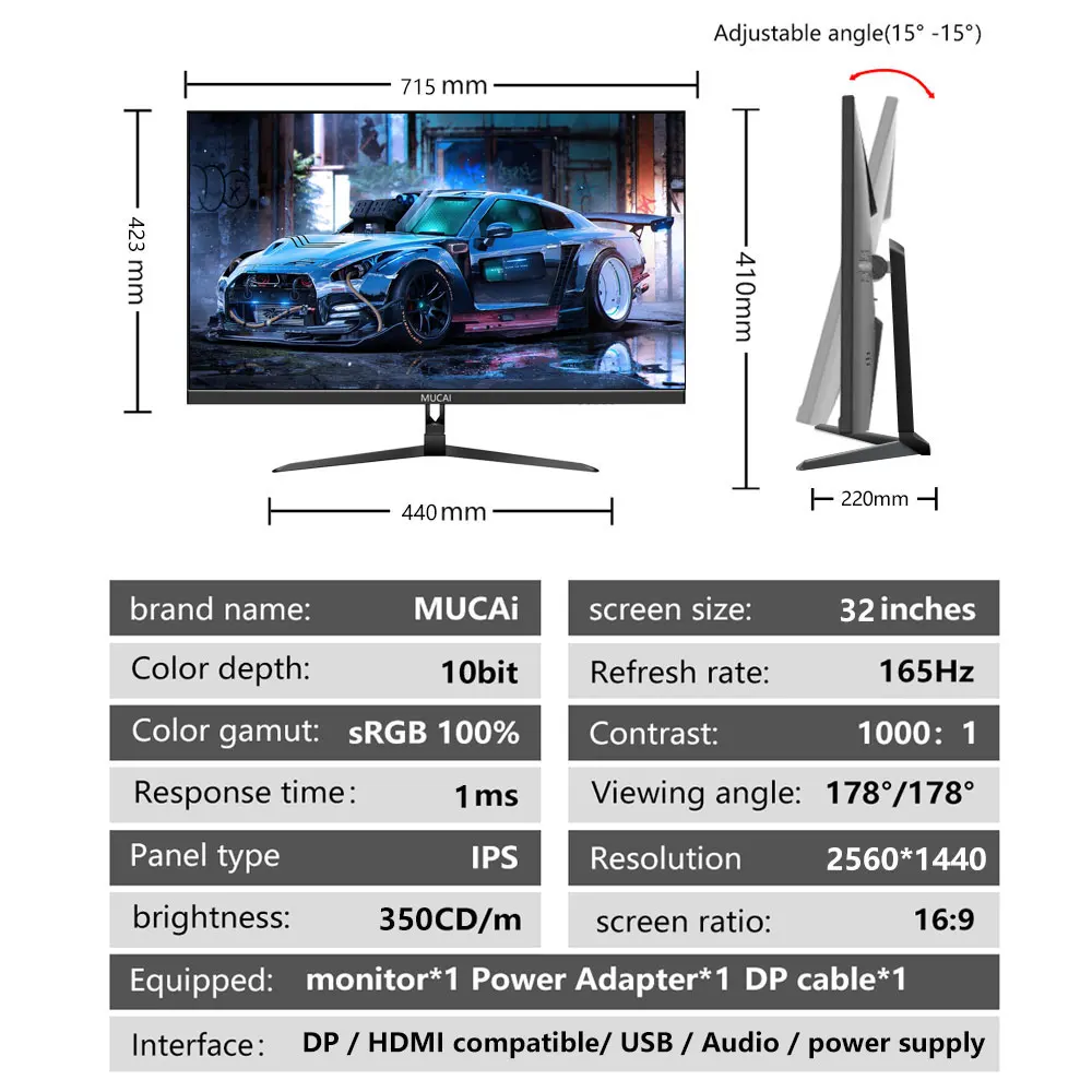 MUCAI-32 ġ , 144Hz ӿ 2K ǻ QHD 165Hz ÷, 1440P  ȭ DP HDMI ȣȯ   2560*1440