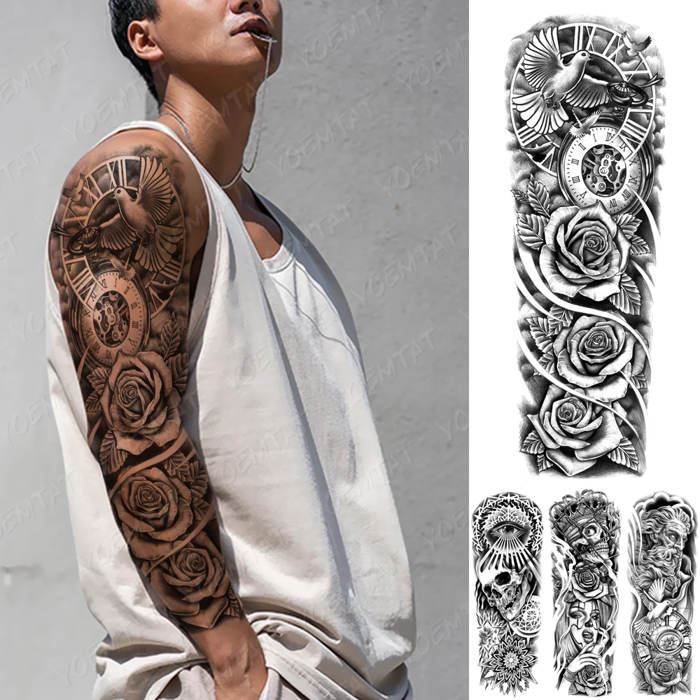 

Large Full Arm Sleeve Waterproof Temporary Tattoo Sticker Clock Peace Dove Rose Flower Leaf Body Art Fake Tatto For Men Women