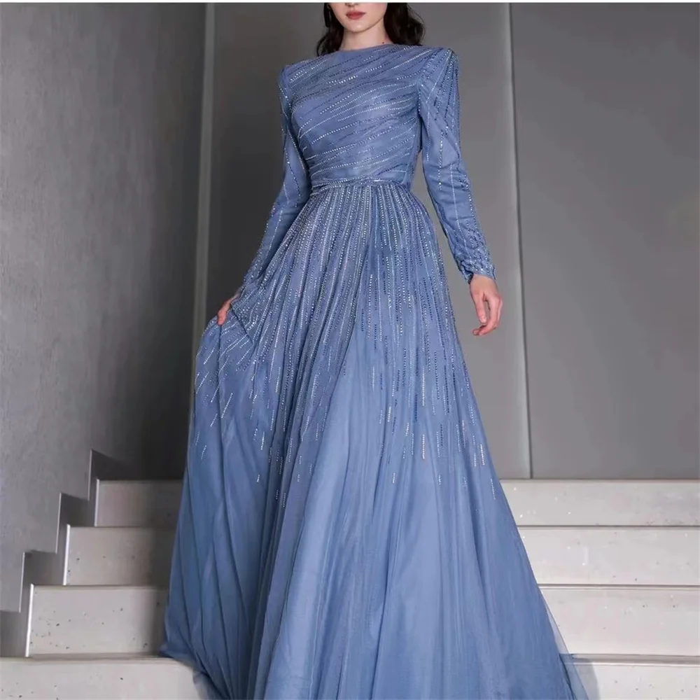 

O-Neck Shiny Beading Classic Blue Prom Dress Gentle A-line Long Sleeve Floor-Length Vestidos De Noche فساتين مناسبة رسمية